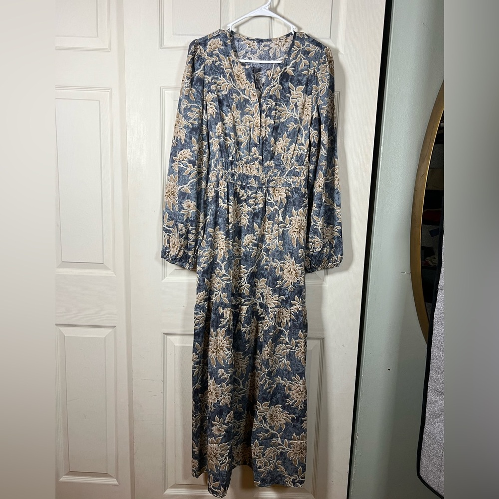 Floral Smocked Waist Long Sleeve Maxi Dress | Somerset-Style Fit | Blue & Cream - Picture 3 of 10